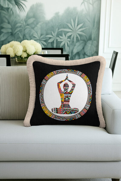 Evimde Bambaşka غطاء وسادة مزين بشراشيب هندسية عرقية - غطاء وسادة مزين بشراشي...