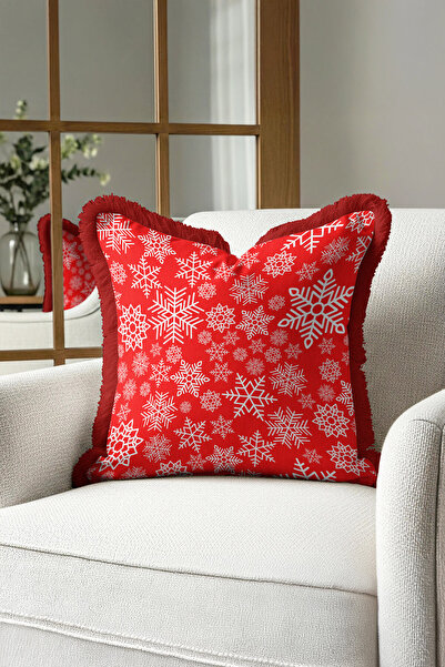 Evimde Bambaşka غطاء وسادة مزين بشراشيب على شكل ندفة الثلج الشتوية - غطاء وسا...