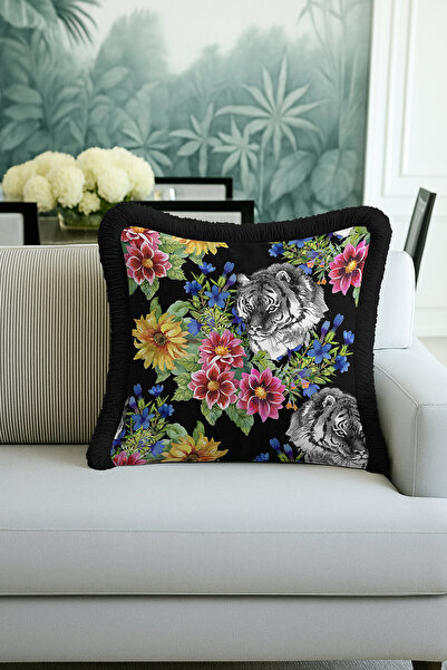 Evimde Bambaşka Husă de pernă cu franjuri cu motive de flori și tigru - Husă de pernă cu franjuri, negru, tropical, boem, roșu