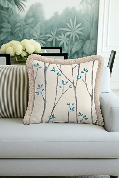 Evimde Bambaşka Φυσική κομψή θήκη μαξιλαριού με κρόσσια - Μοντέρνα μπεζ μπλε ...