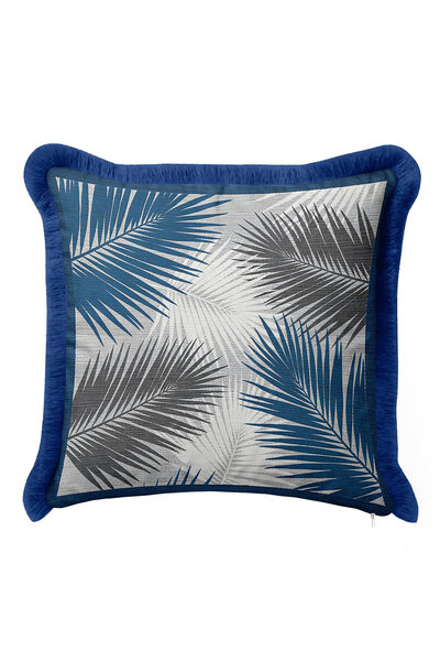 Evimde Bambaşka Exotic Leaf Pattern Luxury Fringe Pillowcase-Blue Gray Tropic...