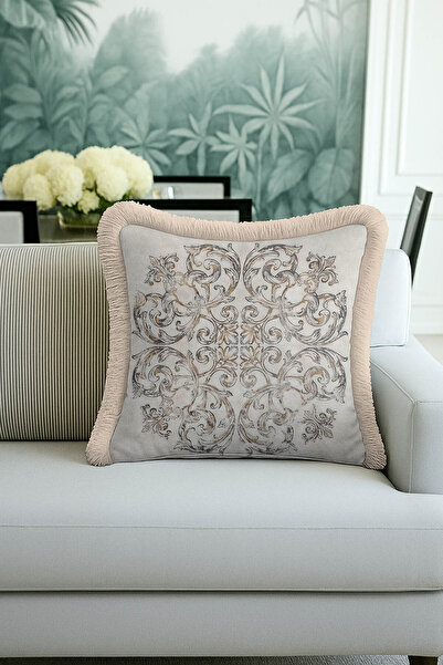 Evimde Bambaşka غطاء وسادة مزين بشراشيب على الطراز الباروكي - غطاء وسادة كلاسيكي بلون كريمي فضي مع شراشيب