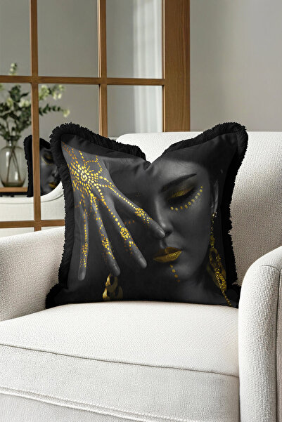 Evimde Bambaşka Husă de pernă cu franjuri de lux de culoare aurie - Husă de p...