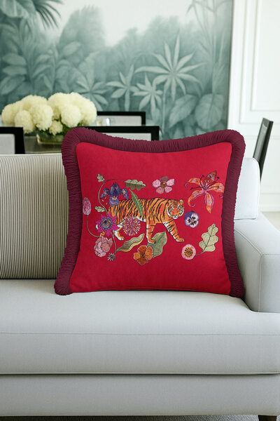 Evimde Bambaşka Exotic Tiger Pattern Fringed Pillowcase - Luxury Natural Bohe...