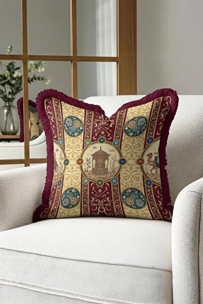 Evimde Bambaşka Saray Motifli Klasik Lüx Saçaklı Yastık Kılıfı-Otantik Cam Gö...