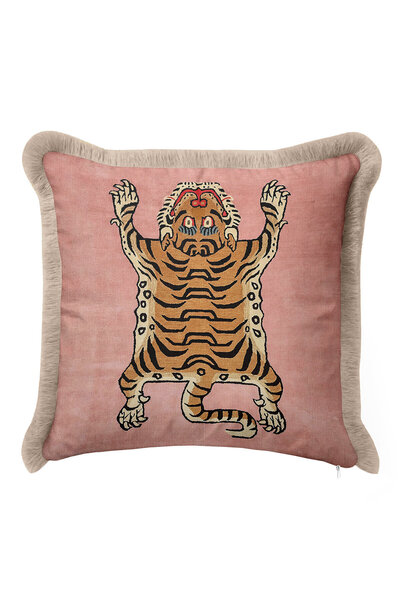 Evimde Bambaşka Husă de pernă cu franjuri cu figurină de tigru de lux pe fund...