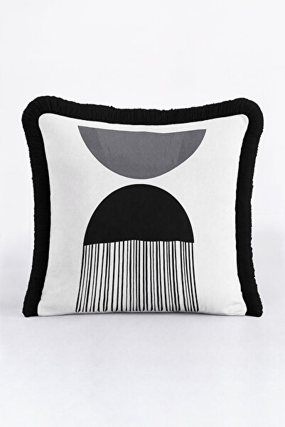 Evimde Bambaşka Husă de pernă cu franjuri cu forme geometrice alb-negru și gr...
