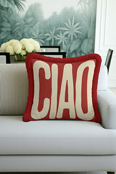 Evimde Bambaşka Retro Tipografi Saçaklı Yastık Kılıfı - Enerjik Modern Kırmız...