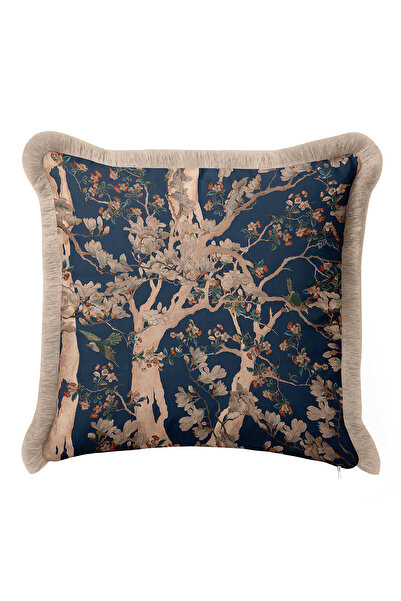Evimde Bambaşka غطاء وسادة فاخر ذو ملمس طبيعي غني - غطاء وسادة مزين بشراشيب بلون أزرق داكن على شكل شجرة الطيور