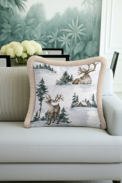 Evimde Bambaşka غطاء وسادة مزين بشراشيب بمناظر شتوية - غطاء وسادة ريفي باللون الرمادي البيج مع شراشيب لعيد الميلاد