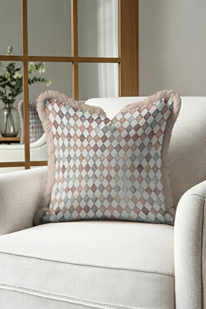 Evimde Bambaşka Vintage Elmas Geçişli Saçaklı Yastık Kılıfı - Retro Pastel Ekru Püsküllü Kırlent Kılıfı