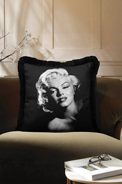 Evimde Bambaşka Hollywood Sparkle Luxury Fringe Pillowcase-Black and White Re...