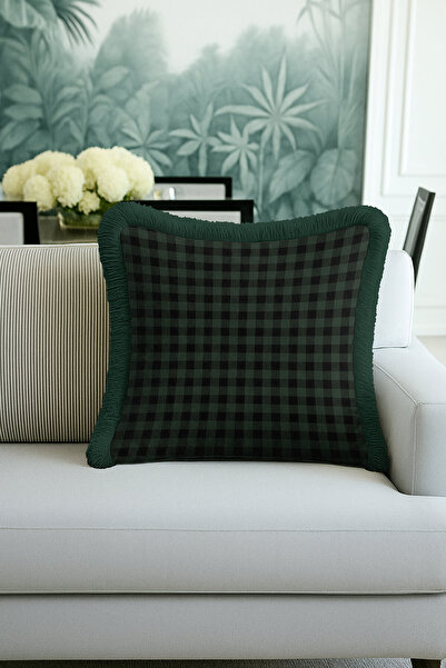 Evimde Bambaşka Husă de pernă cu franjuri în carouri de lux - Husă de pernă cu ciucuri în stil rustic verde ecru