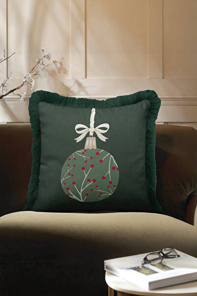 Evimde Bambaşka Husă de pernă cu franjuri tematică de Anul Nou - Husă de pernă modernă cu franjuri, verde pin natural, roșu