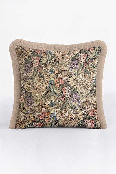 Evimde Bambaşka غطاء وسادة فاخر بنمط الباروك مع شراشيب - غطاء وسادة كلاسيكي بنقشة زهور ريفية بلون البيج مع شراشيب