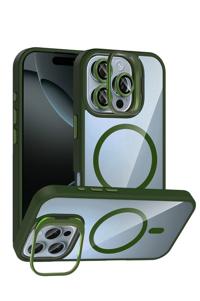 Fuchsia Apple iPhone 16 Pro Case with Removable Lens and MagSafe Stand - Dark Green
