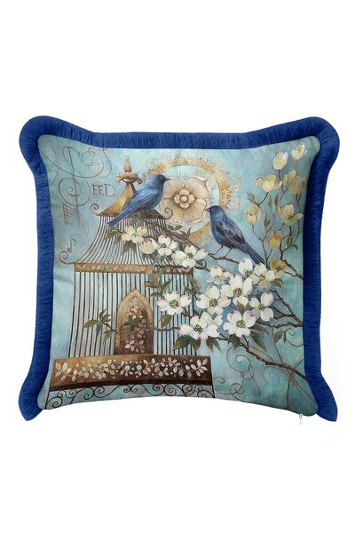 Evimde Bambaşka غطاء وسادة مزين بشراشيب بنمط زهور وطيور الربيع - غطاء وسادة ك...