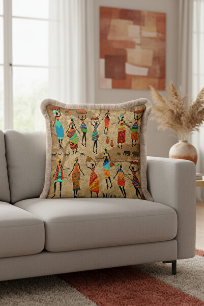 Evimde Bambaşka غطاء وسادة مزين بشراشيب بتصميم فني عرقي أفريقي - غطاء وسادة م...