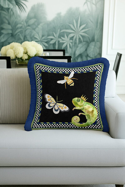 Evimde Bambaşka Royal Themed Fringed Pillowcase - Exotic Animals Bohemian Bla...