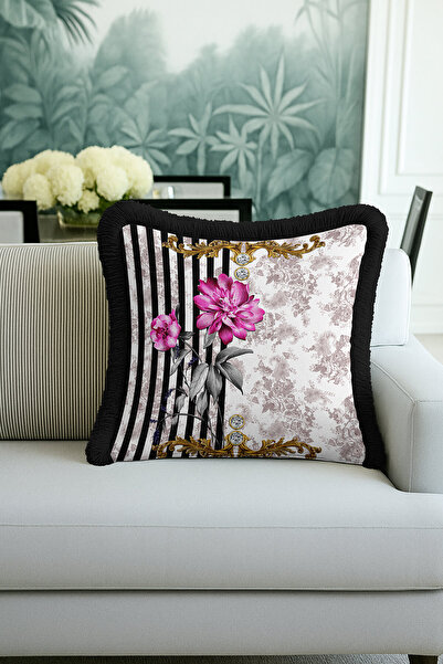 Evimde Bambaşka غطاء وسادة مزين بالزهور والشراشيب على الطراز الباروكي - غطاء وسادة فاخر عتيق الطراز أنيق باللون الأسود مع شراشيب