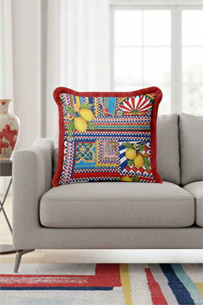 Evimde Bambaşka İtalyan Esintili Renkli Lüx Saçaklı Yastık Kılıfı-Limon Çiçek Desenli Retro Püsküllü Kırlent Kılıfı