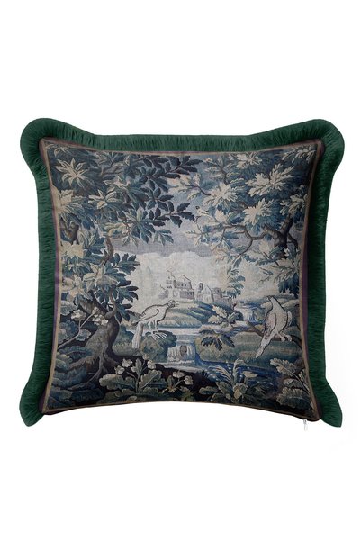 Evimde Bambaşka Avangard Nature View Fringed Pillowcase - Forest Themed Green Tassel Throw Pillow Cover with Bird Motif