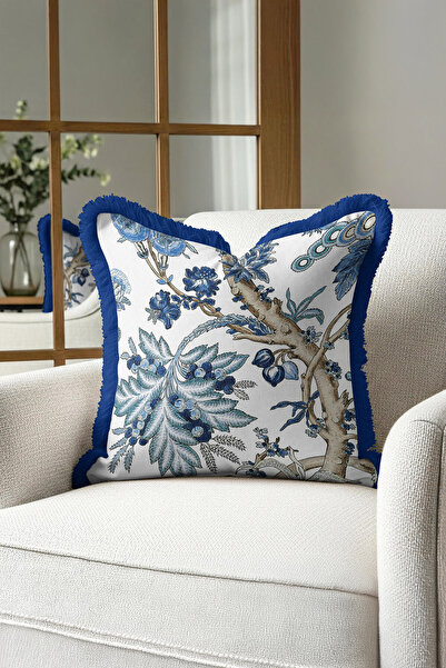 Evimde Bambaşka غطاء وسادة مزين بالزهور على الطراز الباروكي - غطاء وسادة فاخر بلون أزرق ريفي مع شراشيب