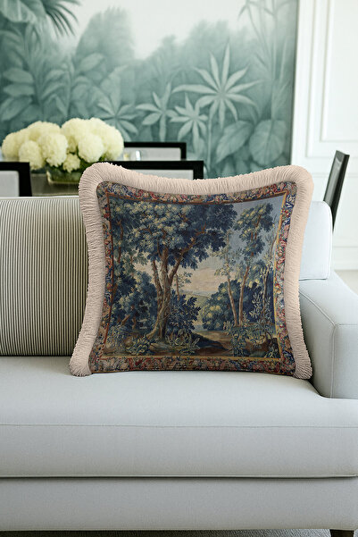 Evimde Bambaşka غطاء وسادة مزين بشراشيب على شكل غابة باروكية - غطاء وسادة كلاسيكي عتيق باللون الأخضر والبيج مع شراشيب