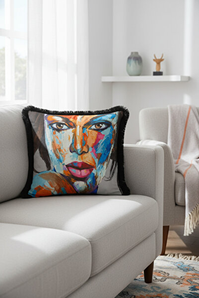 Evimde Bambaşka Husă de pernă cu franjuri cu portret de artă colorată - Husă de pernă cu franjuri, expresionistă modernă, albastru roz