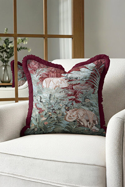 Evimde Bambaşka غطاء وسادة فاخر بتصميم الغابة مع شراشيب - غطاء وسادة بوهيمي ب...