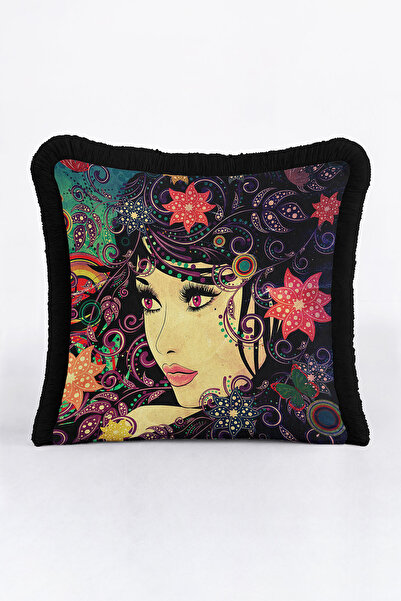 Evimde Bambaşka غطاء وسادة مزين بشراشيب على شكل شخصية فنية نسائية - غطاء وساد...