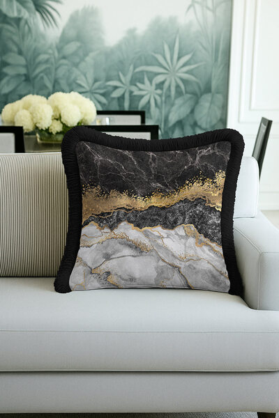 Evimde Bambaşka غطاء وسادة فاخر بمظهر رخامي - غطاء وسادة عصري باللون الأسود و...