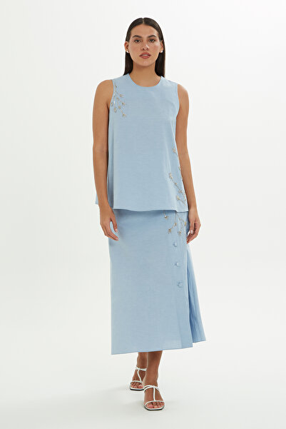 GİZİA İşlemeli Sıfır Kollu Mavi Bluz