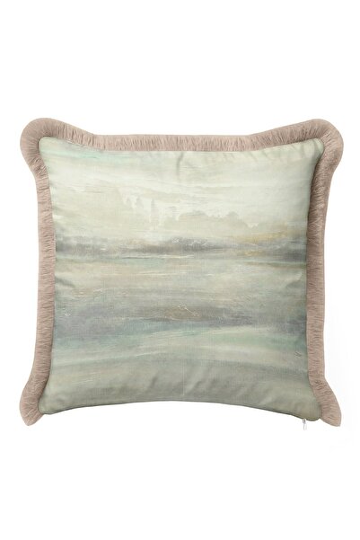 Evimde Bambaşka Husă de pernă cu franjuri, în culori pastel, cu valuri de apă - Husă de pernă fluidă, modernă, bej, albastru, cu franjuri