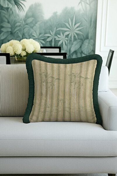 Evimde Bambaşka غطاء وسادة أنيق مزين بخطوط على شكل حصان - غطاء وسادة كلاسيكي عتيق بحواف خضراء وشرابة