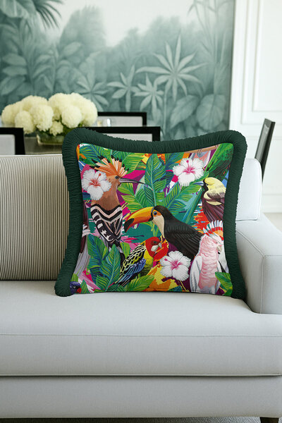 Evimde Bambaşka Husă de pernă cu franjuri cu păsări tropicale - Husă de pernă...