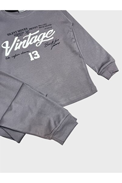 ALİŞ KİDS Boy's Cotton Gray Color Vintage Letter Pattern Long Sleeve Pajama Set