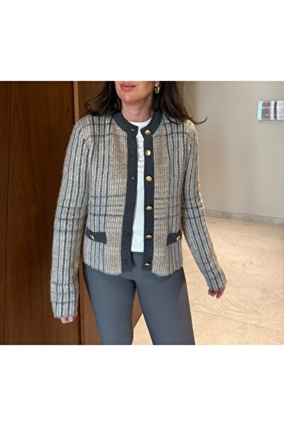 Lavanta Tekstil Gold Buttoned Gray Striped Knitwear Jacket Cardigan