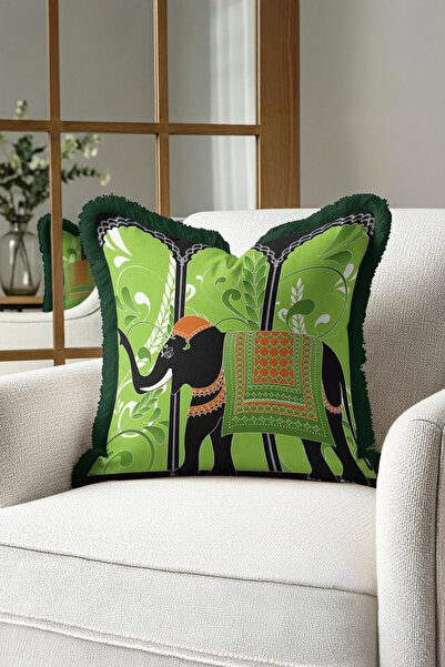 Evimde Bambaşka غطاء وسادة مزين بشراشيب من هند إنتربرايز - غطاء وسادة مزين بشراشيب باللون الأخضر البوهيمي الغريب
