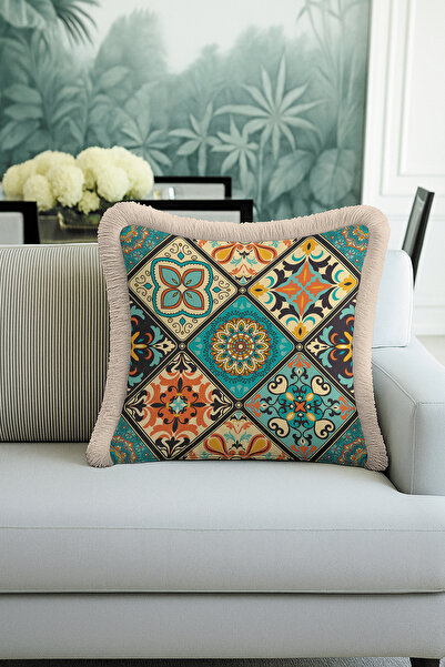 Evimde Bambaşka Oriental Lüks Saçaklı Yastık Kılıfı - Vintage Etnik Mint Yeşil Püsküllü Kırlent Kılıfı