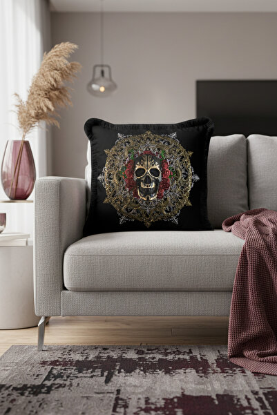 Evimde Bambaşka غطاء وسادة مزين بشراشيب على الطراز الباروكي - غطاء وسادة فاخر باللون الأسود والذهبي مع شراشيب