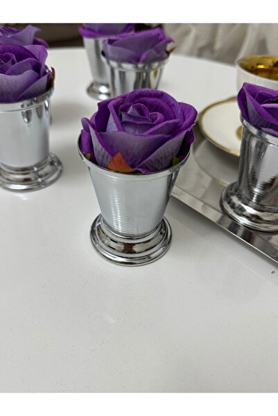 SEVA ÇELİK Decorative Silver Plated 6 Pieces Rose Bowl Includes Purple Color Roses