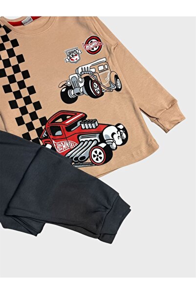 ALİŞ KİDS Boys' Cotton Beige Color Off-Road Vehicle Jeep Patterned Long Sleeve Pajama Set