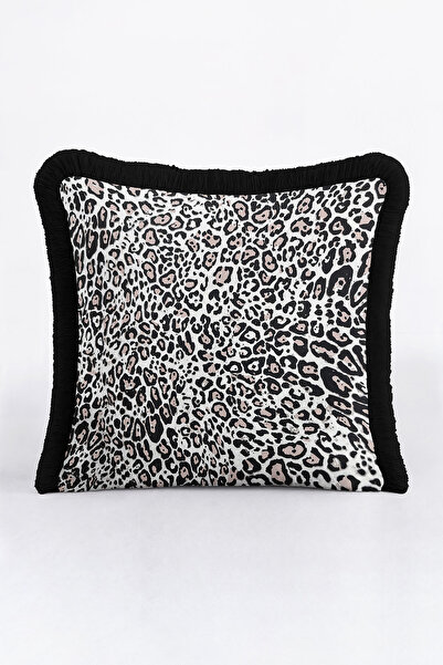 Evimde Bambaşka غطاء وسادة مزين بشراشيب من Wild Elegance - غطاء وسادة مزين بشراشيب باللون الأسود البوهيمي الفاخر بنمط الفهد