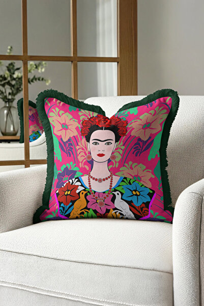 Evimde Bambaşka Тропическа цветна възглавница с ресни - мексикански мотив Бох...