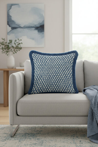 Evimde Bambaşka Husă de pernă cu franjuri cu motiv de frunze rafinat - Husă de pernă cu ciucuri albastru etnic mediteranean