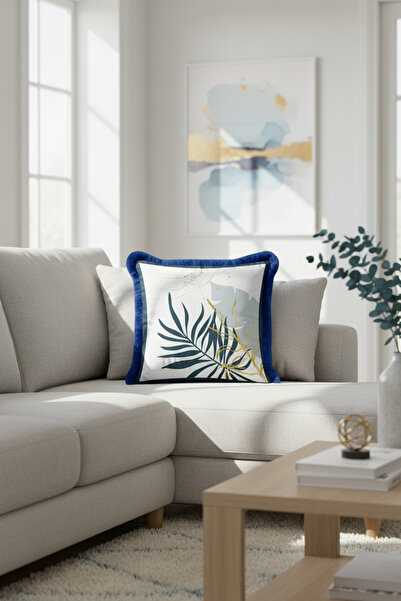 Evimde Bambaşka Husă de pernă cu franjuri de culoare aurie cu frunze tropical...