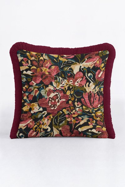 Evimde Bambaşka Luxury Fringed Pillowcase with Floral Motif-Burgundy Green Velvet Elegant Vintage Tufted Throw Pillow Cover
