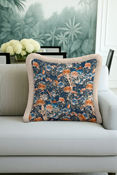 Evimde Bambaşka Flowers and Birds Modern Fringed Pillowcase-Blue Orange Natur...