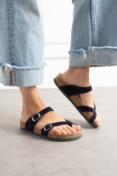 Uniqueqoop Lisbon Genuine Leather Cork Sole Orthopedic Women's Slippers